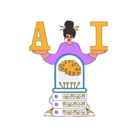 Téléchargez les illustrations : Illustration d'une femme tenant les lettres A et I, représentant le thème de l'IA. - en licence libre de droit