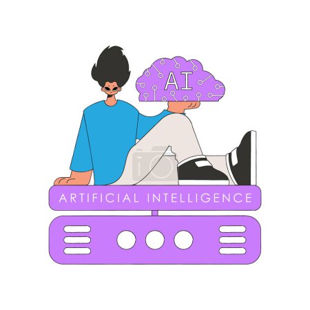 Illustration for Illustration of a man carrying a robotic brain, symbolizing AI. - Royalty Free Image