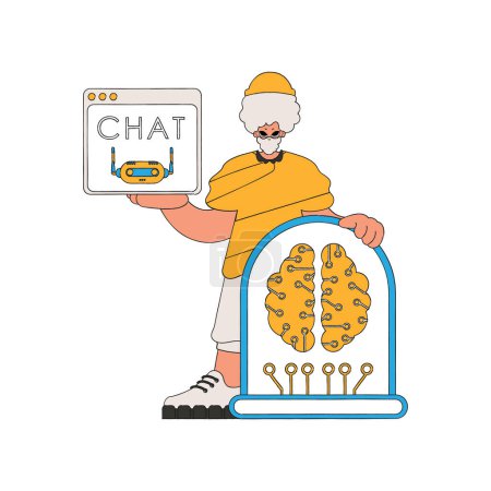 Ilustración de Hombre hablando con una IA en un dispositivo que sostiene, representado en el arte vectorial. - Imagen libre de derechos