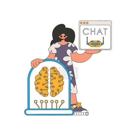 Illustration for Girl holding a conversation with an AI on her device, illustrated. - Royalty Free Image