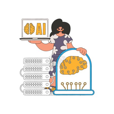 Illustration for Girl holds server with AI, vector visualisation - Royalty Free Image