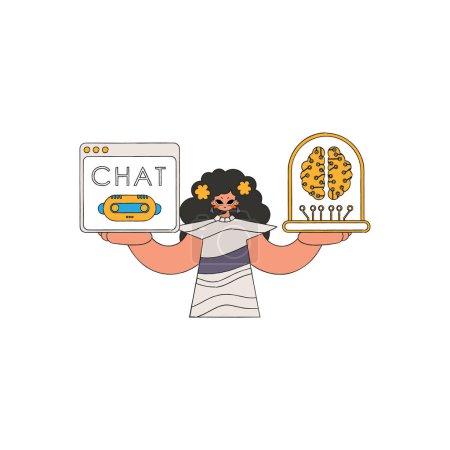 Illustration for Girl conversing with AI via handheld device, illustrated vector. - Royalty Free Image