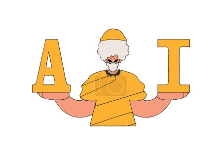 Téléchargez les illustrations : Illustration d'un homme tenant des lettres A et I, thème AI. - en licence libre de droit