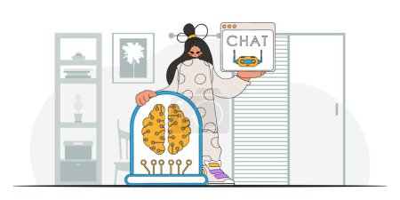 Illustration for Girl posing trendy with AI brain, vector design. - Royalty Free Image