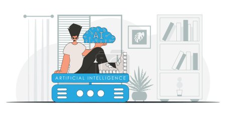 Illustration for A man displaying an AIpowered brain in a fashionable style, depicted in vector form. - Royalty Free Image