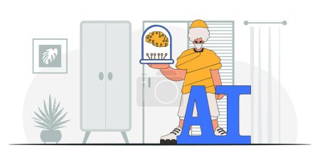 Illustration for He wears AI with style. a man holding a brainshaped gadget, vector illustration. - Royalty Free Image