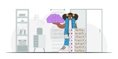 Illustration for Girl with trendy style cradles AI brain, vector illustration. - Royalty Free Image