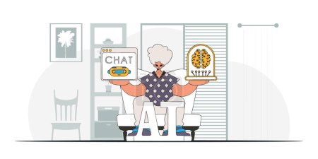 Illustration for Man holding futuristic AI brain, stylishly depicted, vector art. - Royalty Free Image
