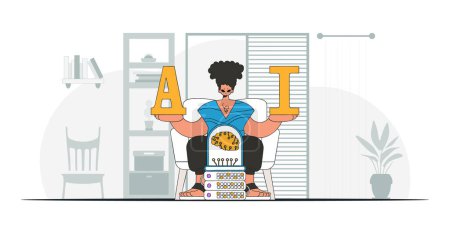 Illustration for A man with a trendy style holding an AI brain, illustrated in vector format. - Royalty Free Image