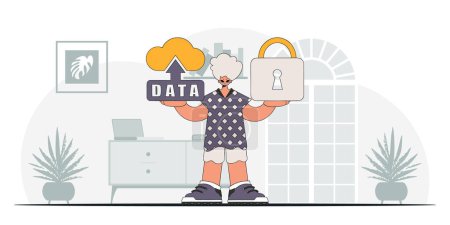 Illustration for Modern vector character style of a man with a padlock and cloud storage. - Royalty Free Image