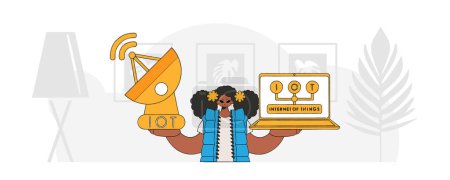 Ilustración de Chica sentada con portátil y antena parabólica para internet de las cosas, vector de estilo de carácter moderno. - Imagen libre de derechos