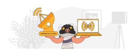 Illustration for Girl with laptop and satellite dish up.to.date tech to access the Internet of Things. Vector style modern character. - Royalty Free Image