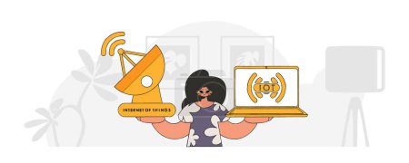 Illustration for Female figure holding laptop and satellite dish for IOT vector design done in modern style. - Royalty Free Image
