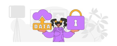 Illustration for Girl with cloud storage icon and padlock, modern vector character style. - Royalty Free Image