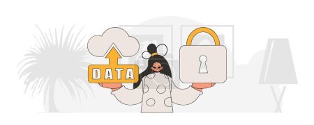 Illustration for Girl with cloud storage padlock icon modern vector character style. - Royalty Free Image