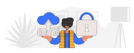 Illustration for Vector modern character style of a man with a cloud storage and padlock. - Royalty Free Image
