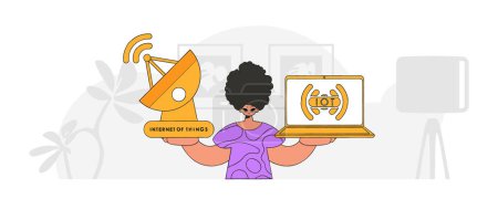Illustration for Vector modern style character of guy with laptop and satellite dish, to use for Internet of Things. - Royalty Free Image
