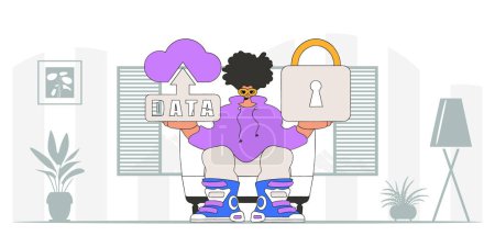 Illustration for Vector modern character style depicting a man with a padlocked cloud storage. - Royalty Free Image