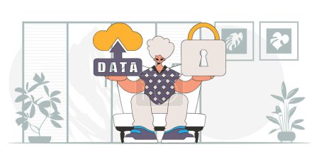 Modern character style vector of man with cloud storage and padlock.