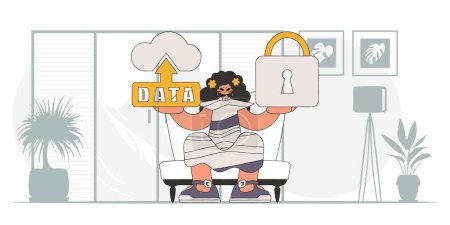 Ilustración de Chica con un candado, ilustración vectorial en estilo de carácter moderno, almacenamiento en la nube segura. - Imagen libre de derechos