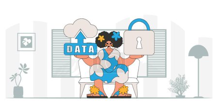 Illustration for Girl with modern vector style, featuring cloud storage and padlock. - Royalty Free Image