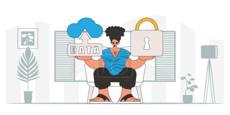 Illustration for Modern vector styled man with padlocked cloud storage. - Royalty Free Image