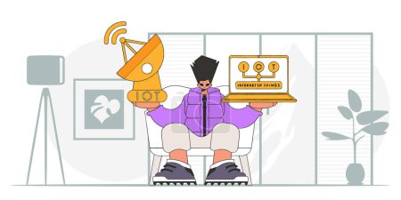 Ilustración de Un individuo con un ordenador portátil y una antena parabólica para el Internet de las Cosas, dibujado en un estilo vectorial moderno. - Imagen libre de derechos