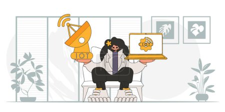 Ilustración de Mujer con portátil y antena parabólica para IoT, ilustración vectorial cartoon.style. - Imagen libre de derechos