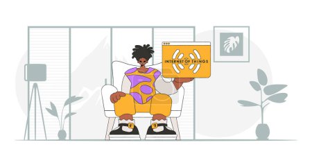 Illustration pour Guy assis sur le sol, tenant un logo IOT, dans un style de personnage vectoriel moderne. - image libre de droit