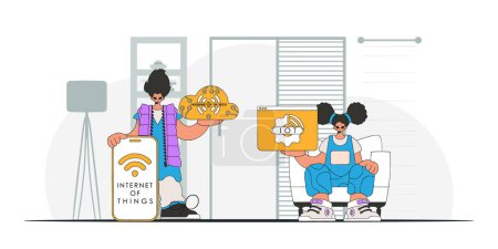 Illustration for Guy and girl are a team in the IOT industry, modern vector.style characters. - Royalty Free Image