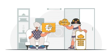 Illustration for IllustrationGuy and gal are partners in the IoT biz, vector style illustration of modern characters. - Royalty Free Image