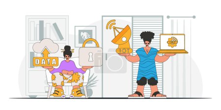 Illustration for Guy and girl form a duo in the IOT biz, fashionable vector art style. - Royalty Free Image