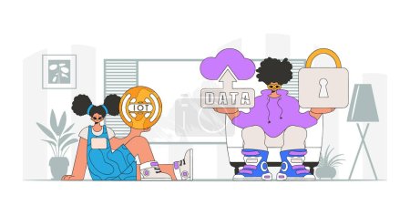 Ilustración de Guy y chica socios en la industria de Internet de las Cosas, personajes vectoriales de estilo moderno. - Imagen libre de derechos