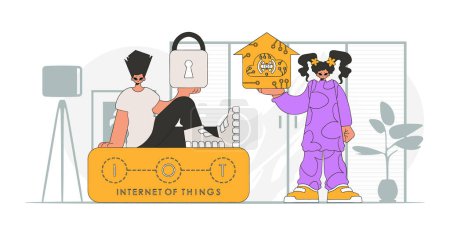 Illustration for Guy and girl join forces in emerging IoT space, character style that's modern and vector. - Royalty Free Image