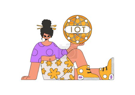 Illustration for A girl is seated on the ground, cradling a symbol for the Internet of Things. - Royalty Free Image
