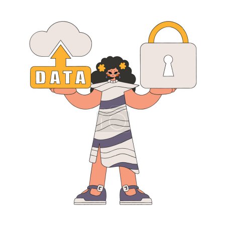 Illustration for Girl with a cloud storage account and a padlock for security. - Royalty Free Image