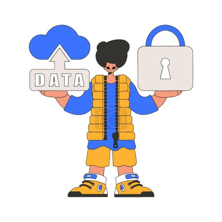 Illustration for A person armed with cloud storage and a padlock. - Royalty Free Image