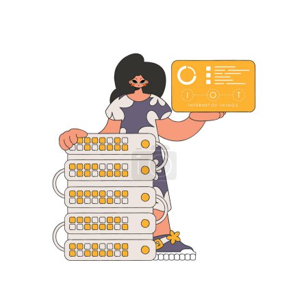 Illustration for The girl stands close to the server, grasping the IoT logo. - Royalty Free Image