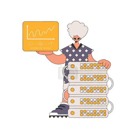 Illustration for The man stands by the server, displaying the logo of the Internet of Things. - Royalty Free Image