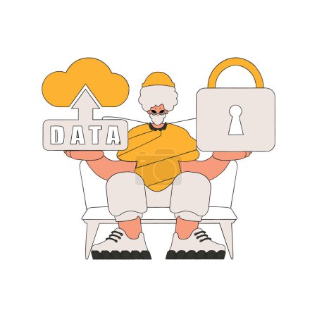 Ilustración de Persona con almacenamiento en la nube y candado que simboliza la seguridad de los datos. - Imagen libre de derechos