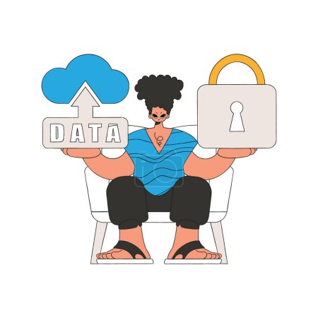 Illustration for Person with cloud storage, secured with a padlock. - Royalty Free Image