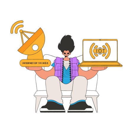 Ilustración de Hombre con portátil y antena parabólica para Internet de las Cosas. - Imagen libre de derechos
