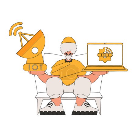 Illustration for Man with laptop and satellite dish to connect to IoT. - Royalty Free Image