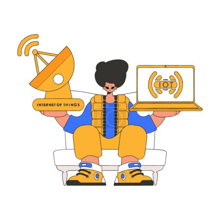 Ilustración de Hombre con portátil y antena parabólica para acceder a Internet de las Cosas. - Imagen libre de derechos