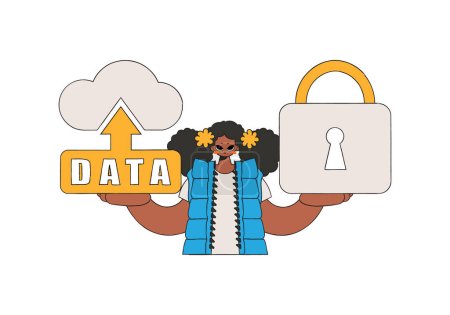 Illustration for She has cloud storage guarded with a padlock. - Royalty Free Image