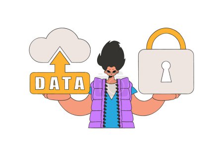 Illustration for Person with cloud storage and a lock for added security. - Royalty Free Image