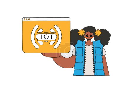 Illustration for The girl grasps the IoT emblem in her hands. - Royalty Free Image