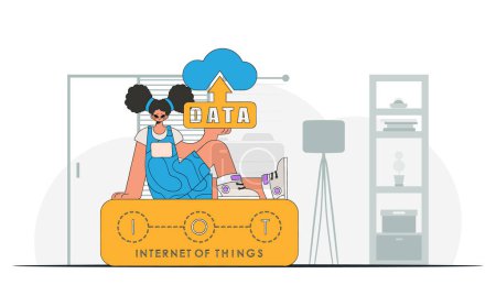 Girl with cloud data in her hands, contemporary character in vector art.