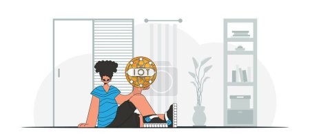 Illustration for Guy seated on the floor, clasping IoT logo in modern vector style. - Royalty Free Image