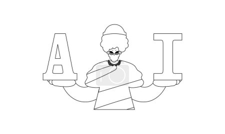 Illustration for He holds the letters AI, representing Artificial Intelligence in a linear, vector style - Royalty Free Image